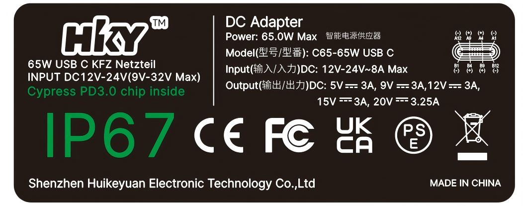 IP67 PD65W USB C DC Adapter