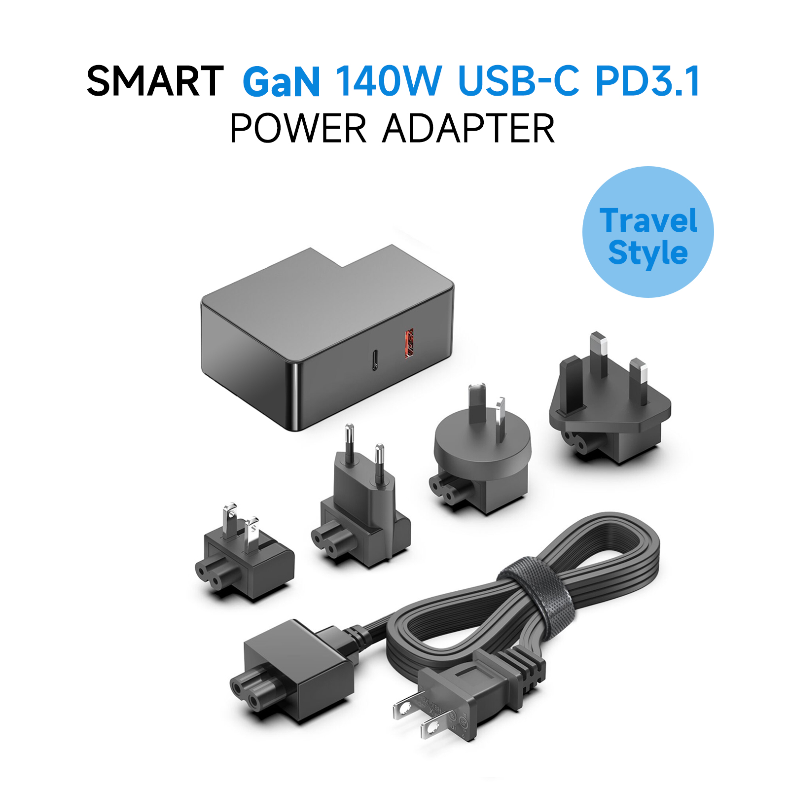 Detached 2 Ports GaN 140W USB-C PD3.1 Power Adapter