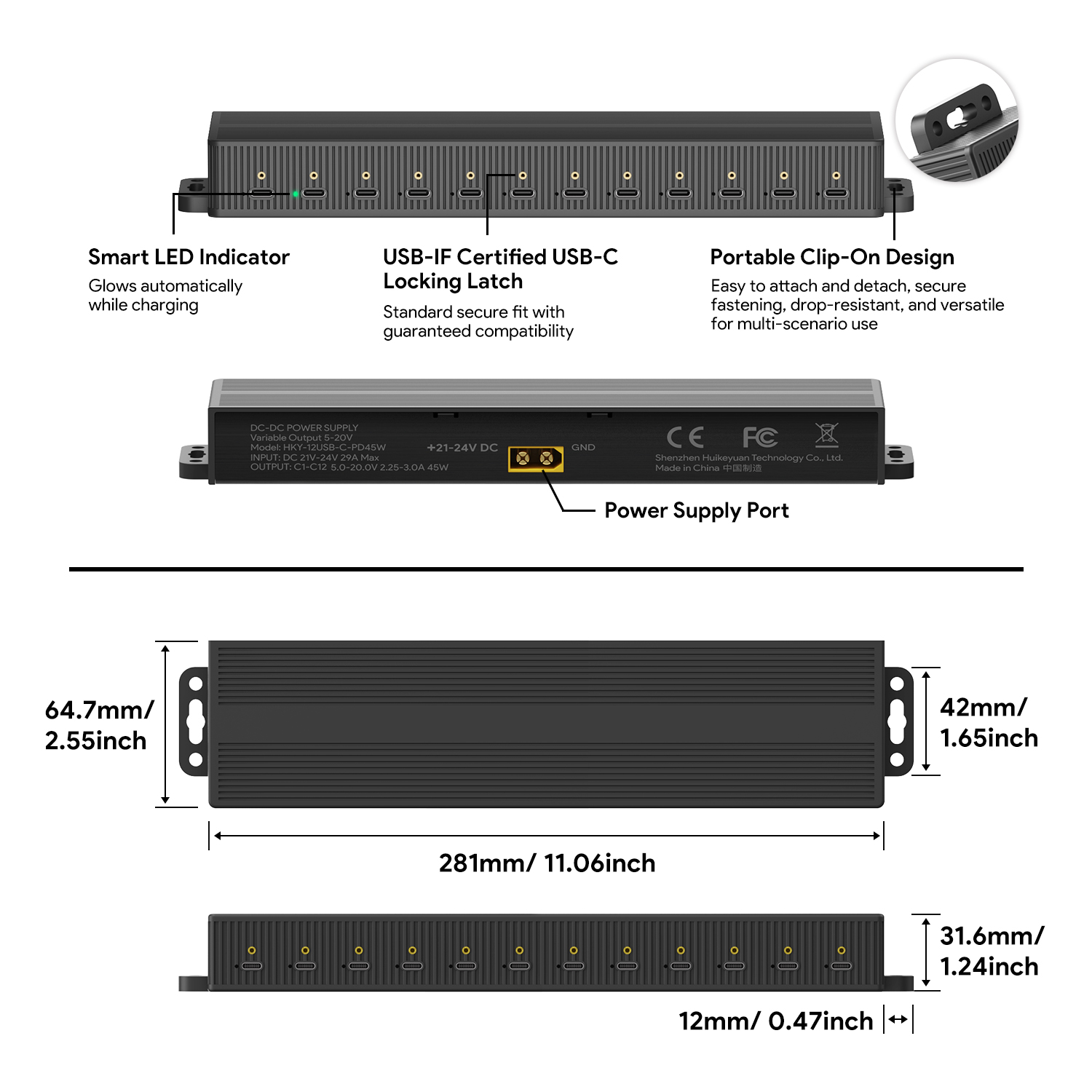 Mountable 12‑port 45W USB-C Charging Station,Charging Hub 
