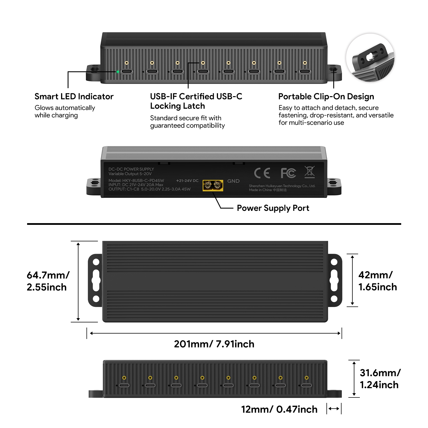 Mountable 8‑port 45W USB-C Charging Station,Charging Hub